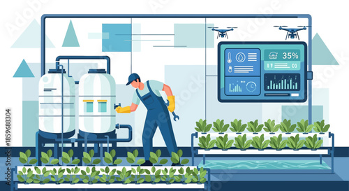 Innovative precision agriculture: Technician optimizing automated greenhouse systems for plant