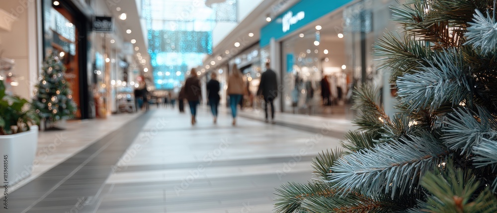 Obraz premium A decorated shopping mall shows a Christmas tree with gold ornaments and lights. Shoppers walk around enjoying the holiday spirit