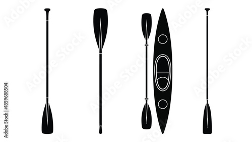 A collection of black kayak and paddle silhouettes on a white background