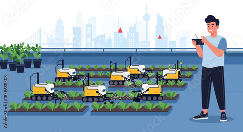 Innovative urban farming: A man controls agricultural robots for sustainable food production with
