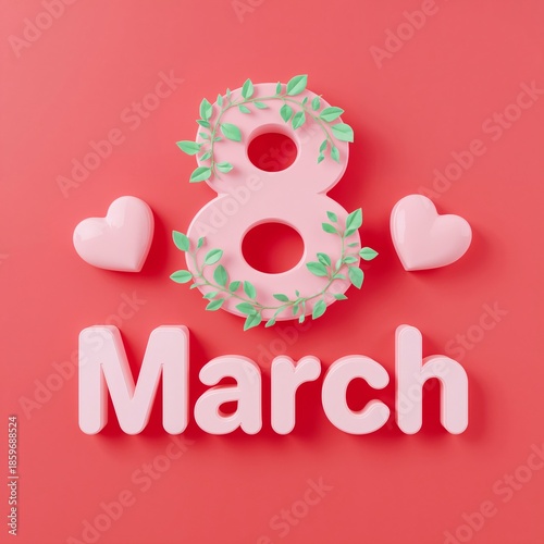 March Eighth Decoration With Hearts and Green Leaves on a Red Background