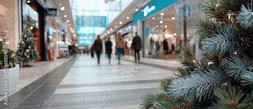 A decorated shopping mall shows a Christmas tree with gold ornaments and lights. Shoppers walk around enjoying the holiday spirit