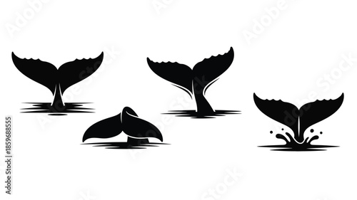 Black silhouettes of whale tails emerging from the water surface