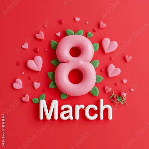 March Eighth Decoration With Hearts and Green Leaves on a Red Background