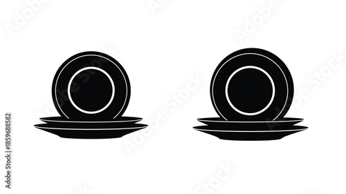 Simple black and white illustration of two stacked plates with inner circles