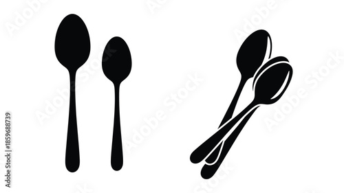 Black silhouette illustration featuring a collection of diverse spoons