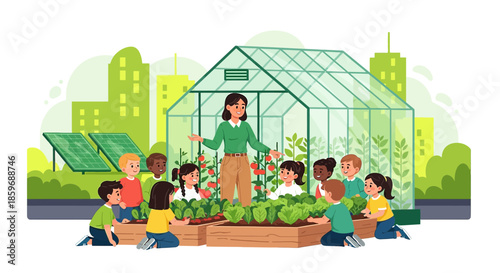 Kids learning about gardening and renewable energy in a school garden project