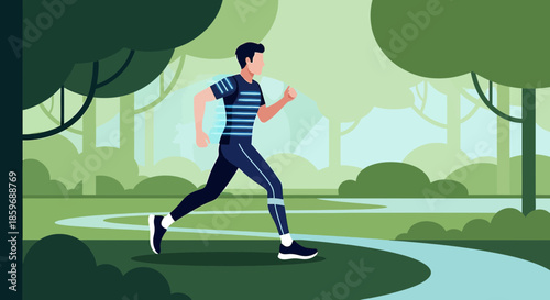 Man engaged in morning run through the lush park seeking balance and well being