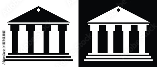 Classical architecture building with columns. Highest judicial institution. Silhouette symbol on white and black space. Vector illustration.