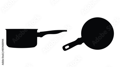 Black silhouette illustration of a saucepan and frying pan on white background