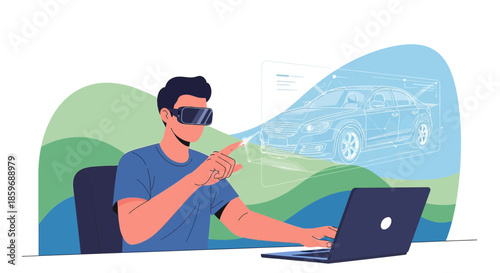 Man uses virtual reality headset for car design innovation and engineering application concept