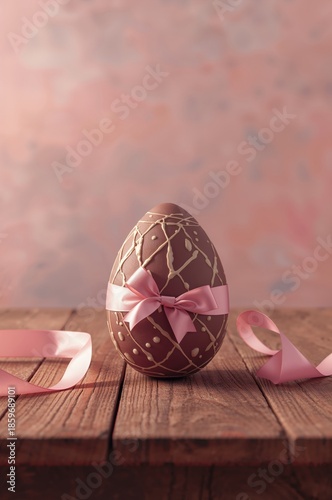 Chocolate Egg With Pink Ribbon on Wooden Table Decorated for Easter Celebration