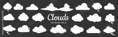 A set of silhouettes of clouds and white speech bubbles of various shapes and sizes on a black background. Elements for your design. Vector EPS 10.