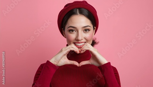 Woman Makes Heart Shape With Hands in Red Sweater and Beret Against Pink Back...