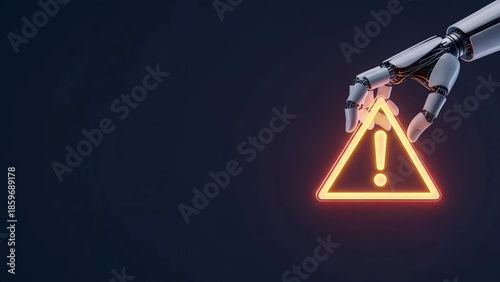 Futuristic robot hand holding glowing neon triangular warning sign exclamation mark on dark background