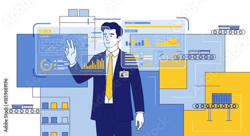 Modern factory manager overseeing production with digital interfaces and data analysis for