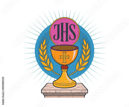 Golden Chalice with J H S Symbol Wheat and Rays of Light.