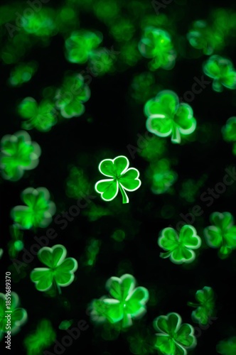 Bright Green Clovers Shine in a Dark Background During a Festive Celebration