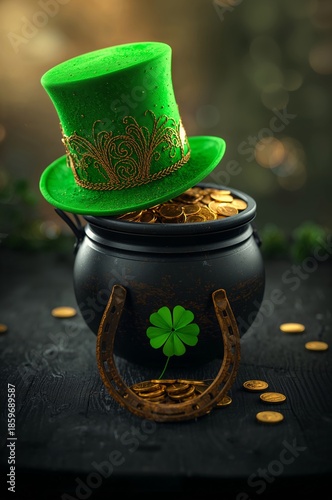 Festive Green Hat, Pot of Gold, and Lucky Clover on a Wooden Table With a Glo...