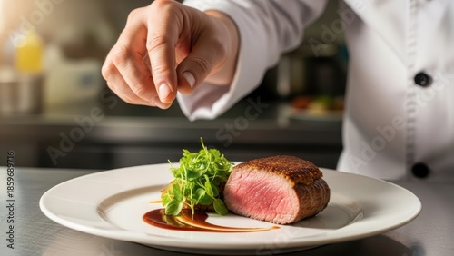 A chef seasoning a plate of gourmet beef steak in kitchen