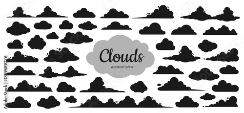 A set of black clouds of different shapes and sizes on a white background. A set of cartoon clouds and cartoon-style speech bubbles. Elements for your design. Vector EPS 10.