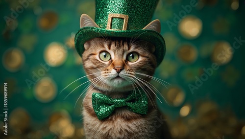 Cat in a Green Hat and Bow Tie With Shiny Background During a Festive Event