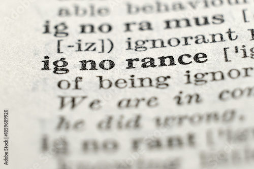 Ignorance definition in vintage dictionary, macro close-up
