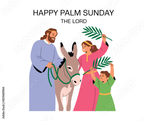 Jesus side donkey with woman and child holding palm branches sunday christianity.