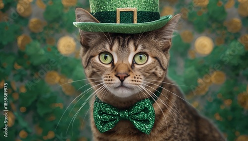 Cat Wearing a Green Hat and Bow Tie for a Celebration With a Festive Background