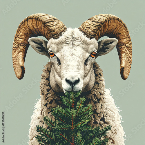 A ram with curled horns eats the top of a fir tree