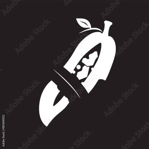 A stylized white papaya fruit design with a sliced section and a small leaf on black background