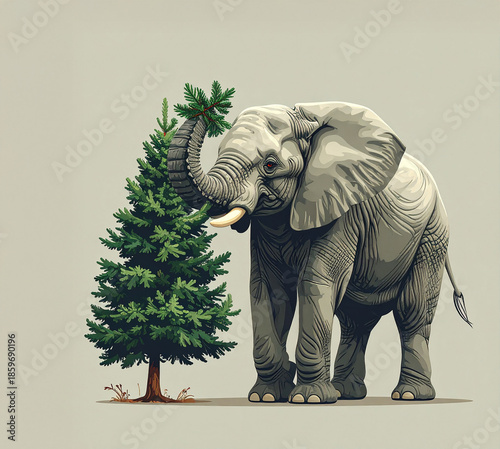 An elephant eats a spruce branch at the zoo