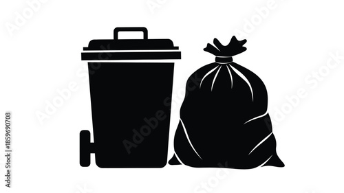 Black silhouette of a trash can and full garbage bag illustration