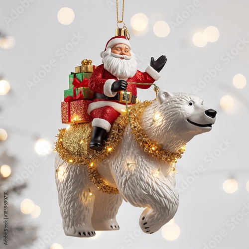 Santa Riding a Polar Bear With Gifts on a Christmas Tree