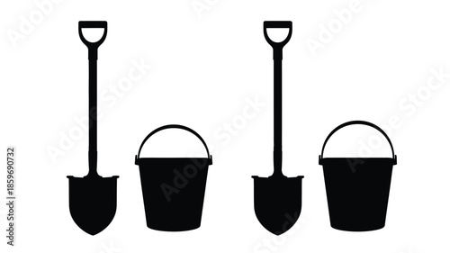 Simple illustration of two shovels and two buckets in black and white