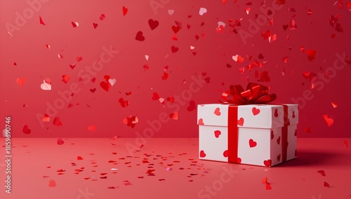 Gift Box With Heart Design on Red Background Giving Surprise Effect