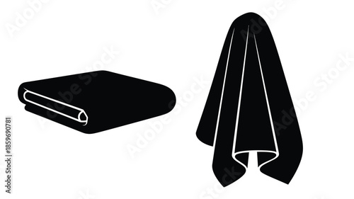 Black and white illustration of a folded towel and draped fabric