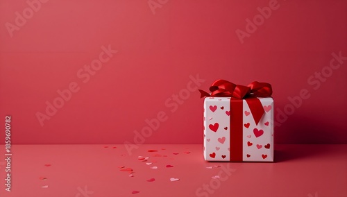 Gift Box With Red Hearts Sitting on Red Surface With Confetti Scattered Around