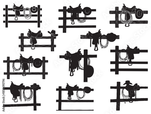  HORSE SADDLE AND HAT ON FENCE SILHOUETTE