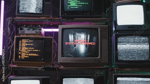 hacker room with multiple vintage monitors displaying green matrix code and CCTV security camera footage, cyberpunk aesthetic.