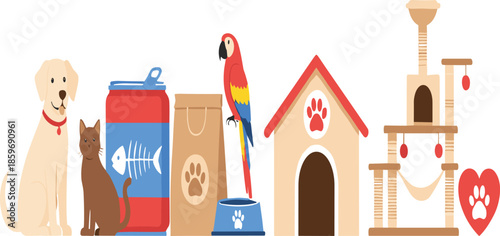 Pet care and supply vector set featuring a dog cat parrot pet food cans dog house cat tree and food bowl isolated on white background.