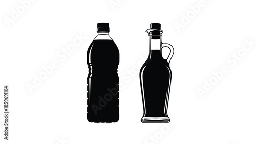 Two black silhouette bottles one with a handle and stopper standing side by side