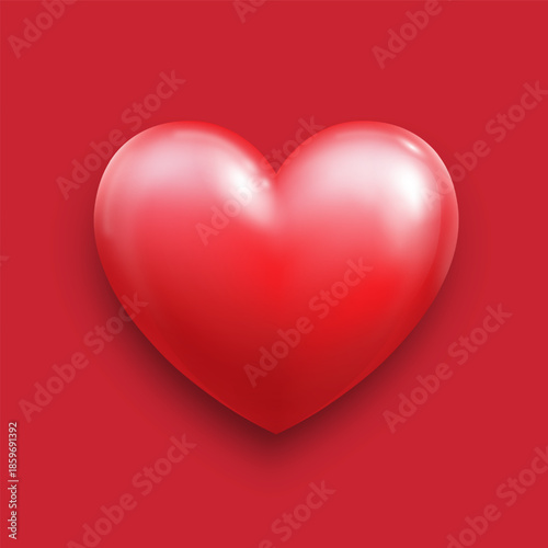 A three-dimensional red heart with highlights on a red background. A red heart icon for Valentine's Day. Vector EPS 10.