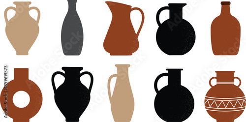 Set of flat vector pottery icons featuring rustic ceramic vases amphorae jars and jugs in earth tones with textured finishes for interior design.