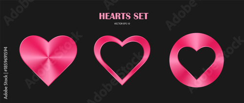 A set of pink metal badges with black hearts on a dark background. Valentine's Day hearts, for your designs. Vector EPS 10.