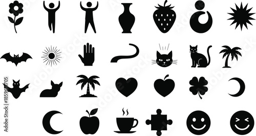 Diverse black silhouette vector icon set featuring animals like cats bats and cows plus nature elements food items and social symbols isolated.