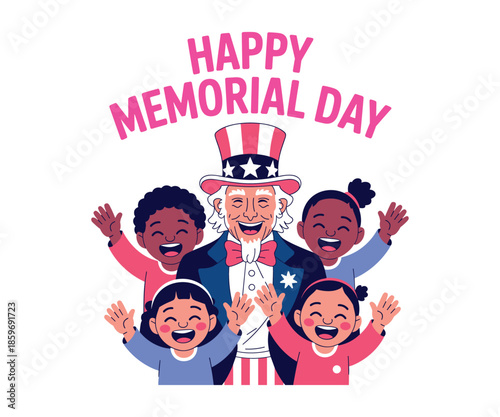 Uncle Sam with Diverse Children Waving Hands Happy Memorial Day Celebration america patriotic.