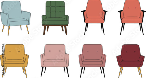 Set of colorful mid century modern armchair icons featuring various retro furniture designs in blue green orange yellow and pink flat vector illustration.