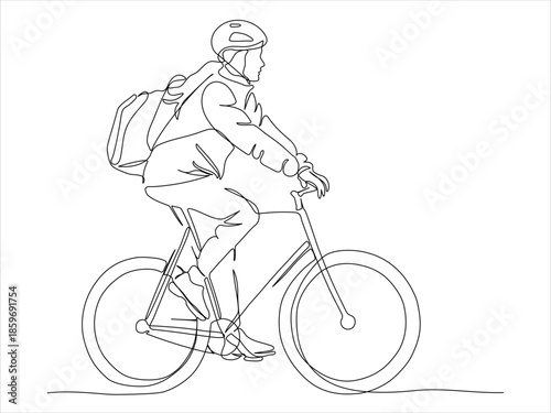 Woman in helmet with backpack riding bicycle. Side view. Continuous line drawing. Black and white vector illustration in line art style. Editable stroke.