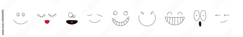 Obraz premium Cute funny faces isolated on transparent background. Hand drawn vector illustration. Line drawing. Cartoon character. Kid fashion, textile print, design element, clip art set, collection